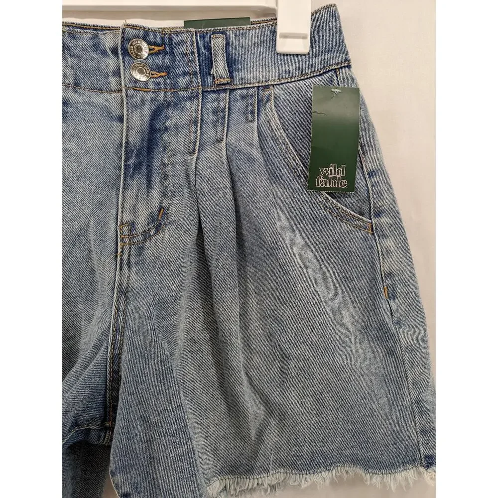 A-Line Denim Jean Shorts Super High Rise Pleated Wild Fable Medium 2‎ Fringe Hem